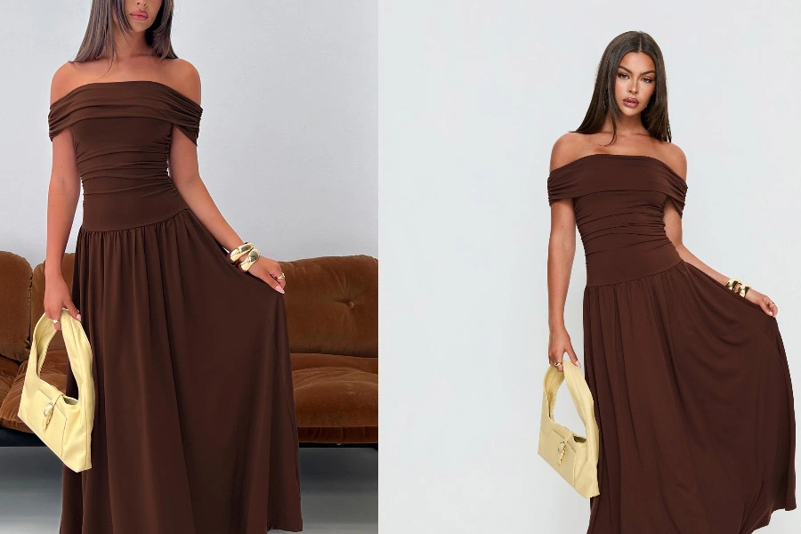 Gaun Maxi Off Shoulder Katalia Warna Cokelat Tua