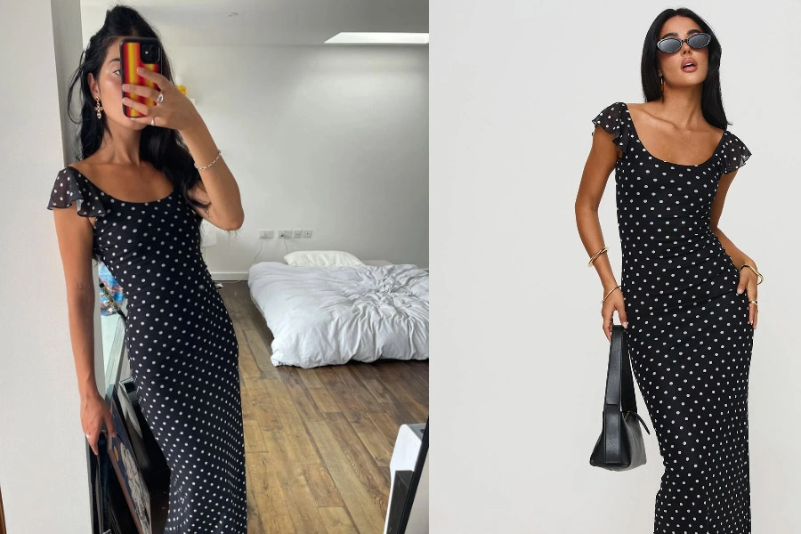 Gaun Maxi Sandberg Hitam Motif Polkadot