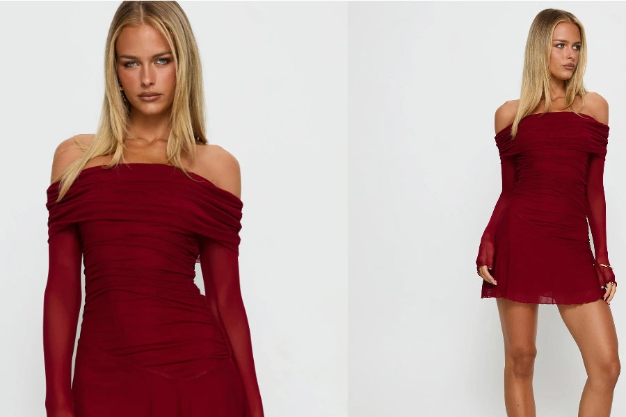 Koki Long Sleeve Off Shoulder Mini Dress – Red Bold